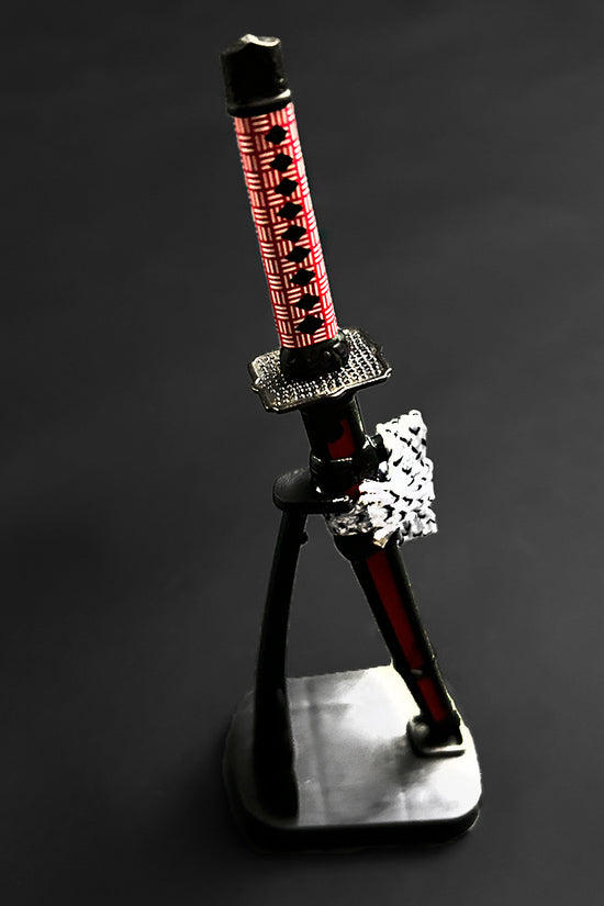 Guild Arms mini katana letter opener with intricate design and display stand for stylish desk use
