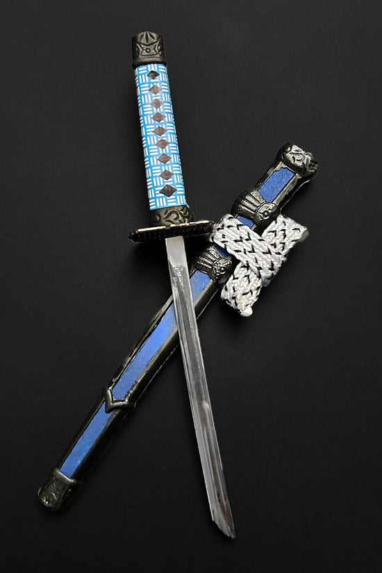 Guild Arms Mini Katana Letter Opener with intricate blue handle and decorative accents