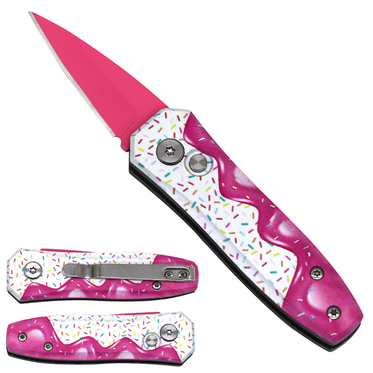 Pacific Solution Mini Switchblade - Donut Mini Switchblade Knife with Pink Blade and Colorful Design