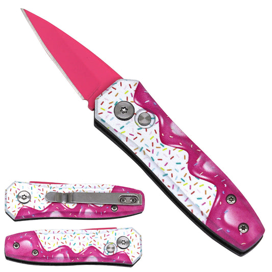 Pacific Solution Mini Switchblade - Donut Mini Switchblade Knife with Pink Blade and Colorful Design
