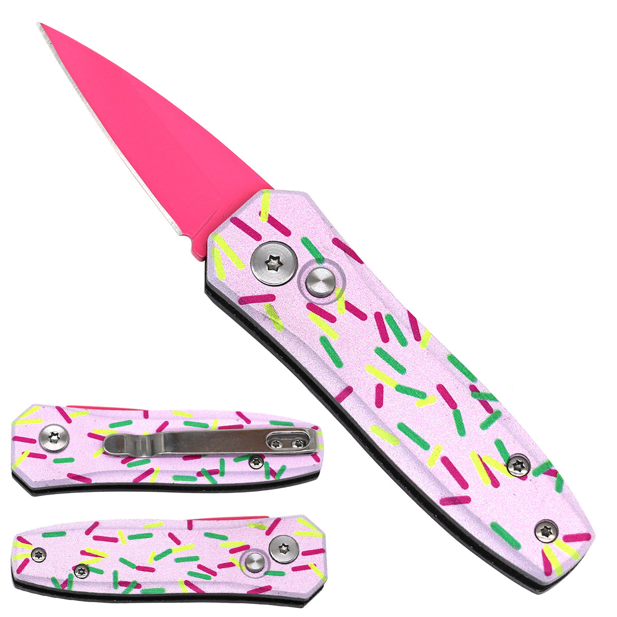 Pacific Solution Mini Switchblade - Donut Mini Switchblade with Pink Blade and Sprinkles Design
