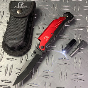 Multi-Tool - Falcon Spring Assisted Knife Red Handle with Firestarter and Flashlight for outdoor activities