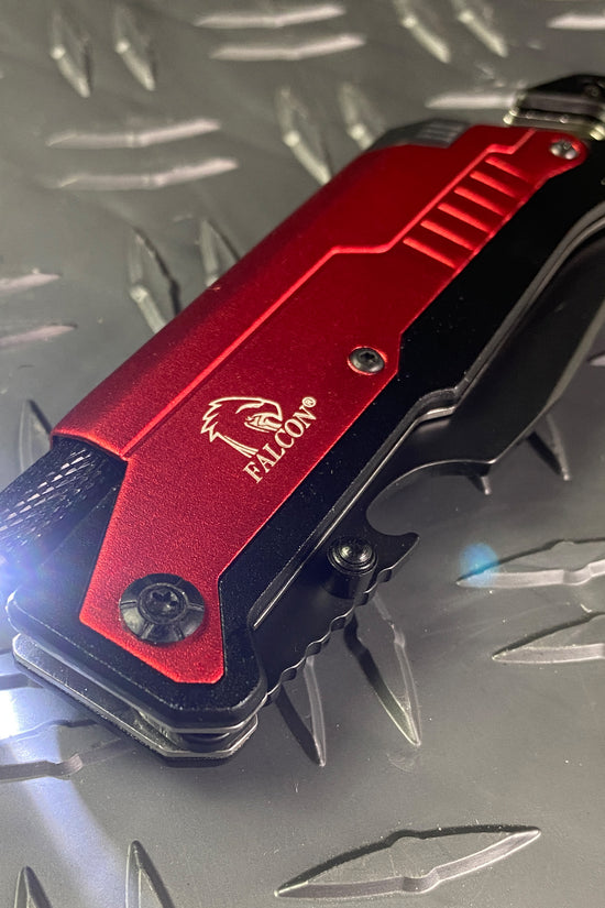 Falcon Spring Assisted Knife with Red Handle, Multi-Tool featuring Firestarter and Flashlight