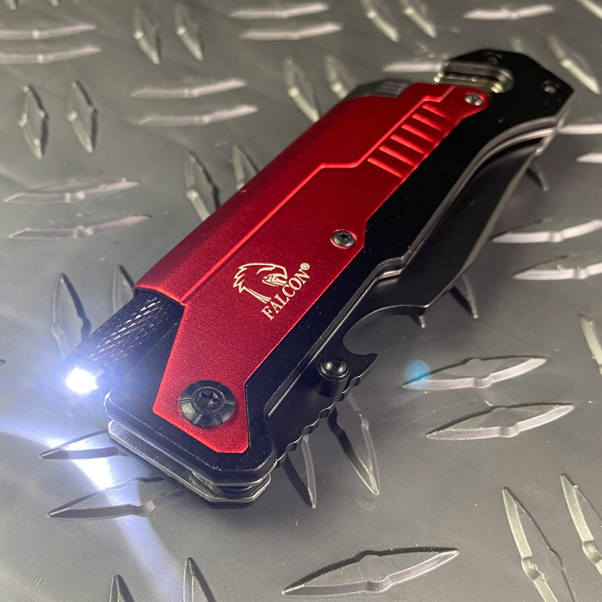 Falcon Spring Assisted Knife with Red Handle, Multi-Tool featuring Firestarter and Flashlight