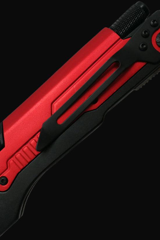 Guild Arms multi-tool folding knife for survival with red and black handle and clip