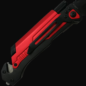 Guild Arms multi-tool folding knife for survival with red and black handle and clip