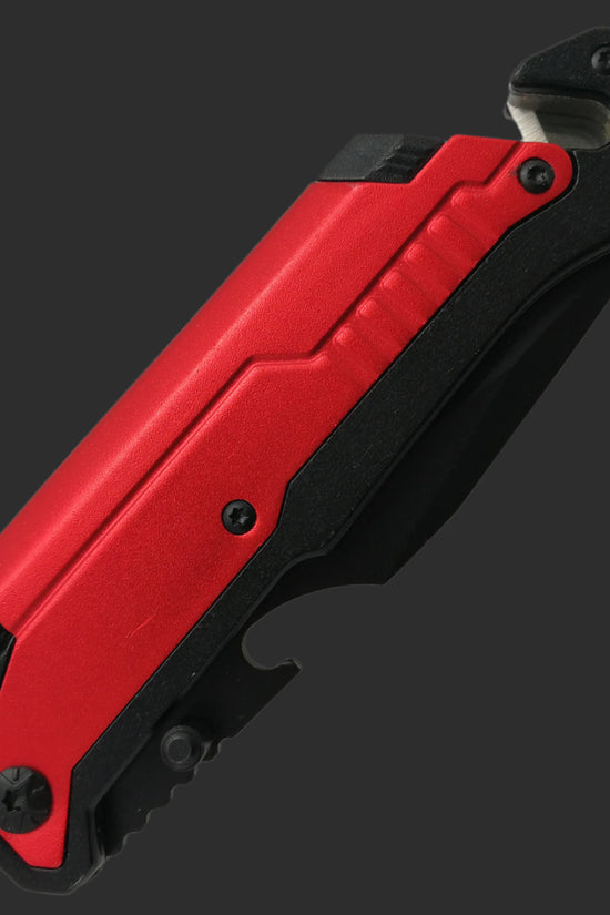 Guild Arms red and black multi-tool folding knife for survival with compact design and sturdy construction