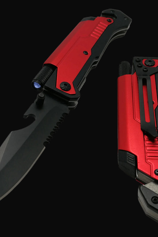 Guild Arms multi-tool folding knife for survival with red handle and built-in flashlight feature