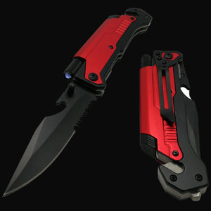 Guild Arms multi-tool folding knife for survival with red handle and built-in flashlight feature