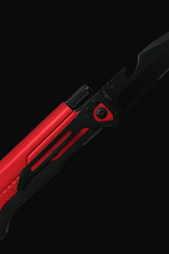 Guild Arms multi-tool folding knife for survival with red and black handle and partially serrated blade