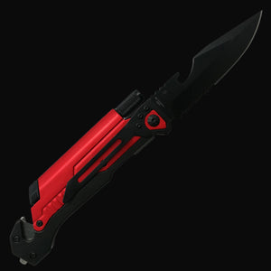 Guild Arms multi-tool folding knife for survival with red and black handle and partially serrated blade