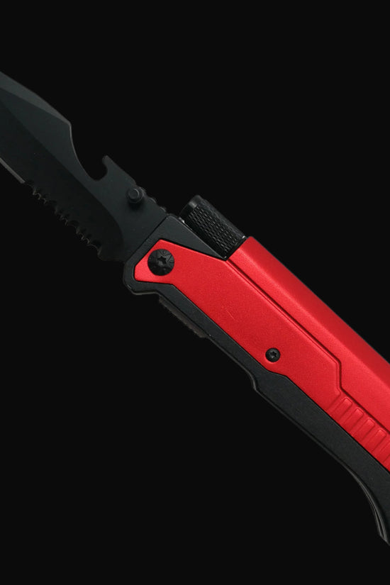 Guild Arms multi-tool folding knife for survival with red handle and black serrated blade