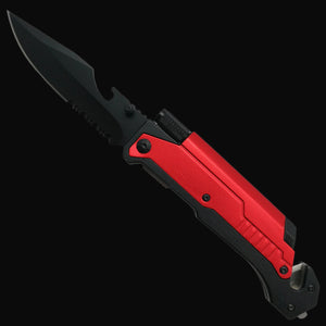 Guild Arms multi-tool folding knife for survival with red handle and black serrated blade