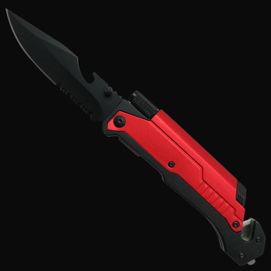Guild Arms multi-tool folding knife for survival with red handle and black serrated blade