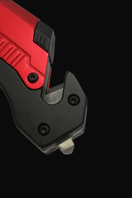 Guild Arms multi-tool folding knife for survival with red and black handle and safety features