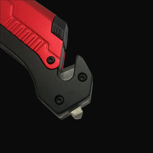 Guild Arms multi-tool folding knife for survival with red and black handle and safety features