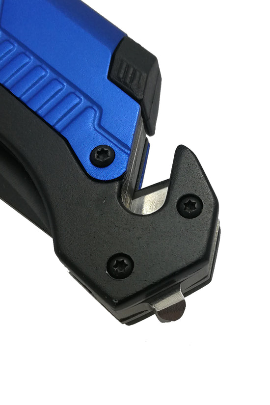 Guild Arms multi-tool folding knife with LED light showing blue and black handle close-up