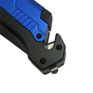 Guild Arms multi-tool folding knife with LED light showing blue and black handle close-up