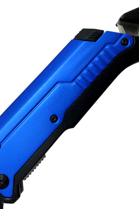Guild Arms multi-tool folding knife with LED light featuring blue handle and built-in glass breaker