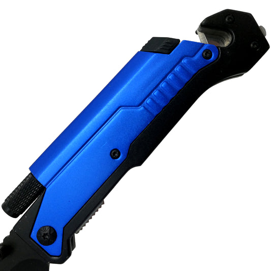 Guild Arms multi-tool folding knife with LED light featuring blue handle and built-in glass breaker