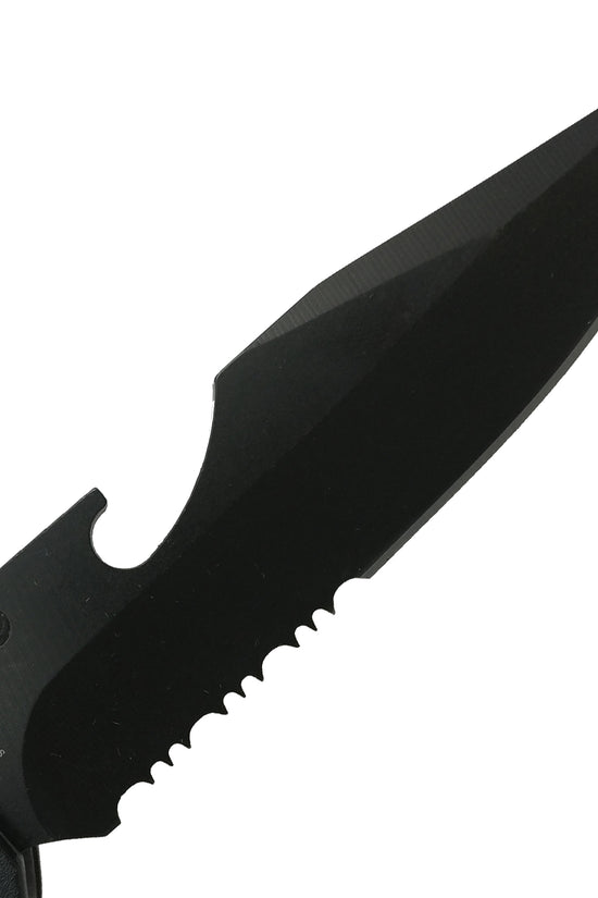 Close-up of Guild Arms multi-tool folding knife with LED light showing black serrated blade