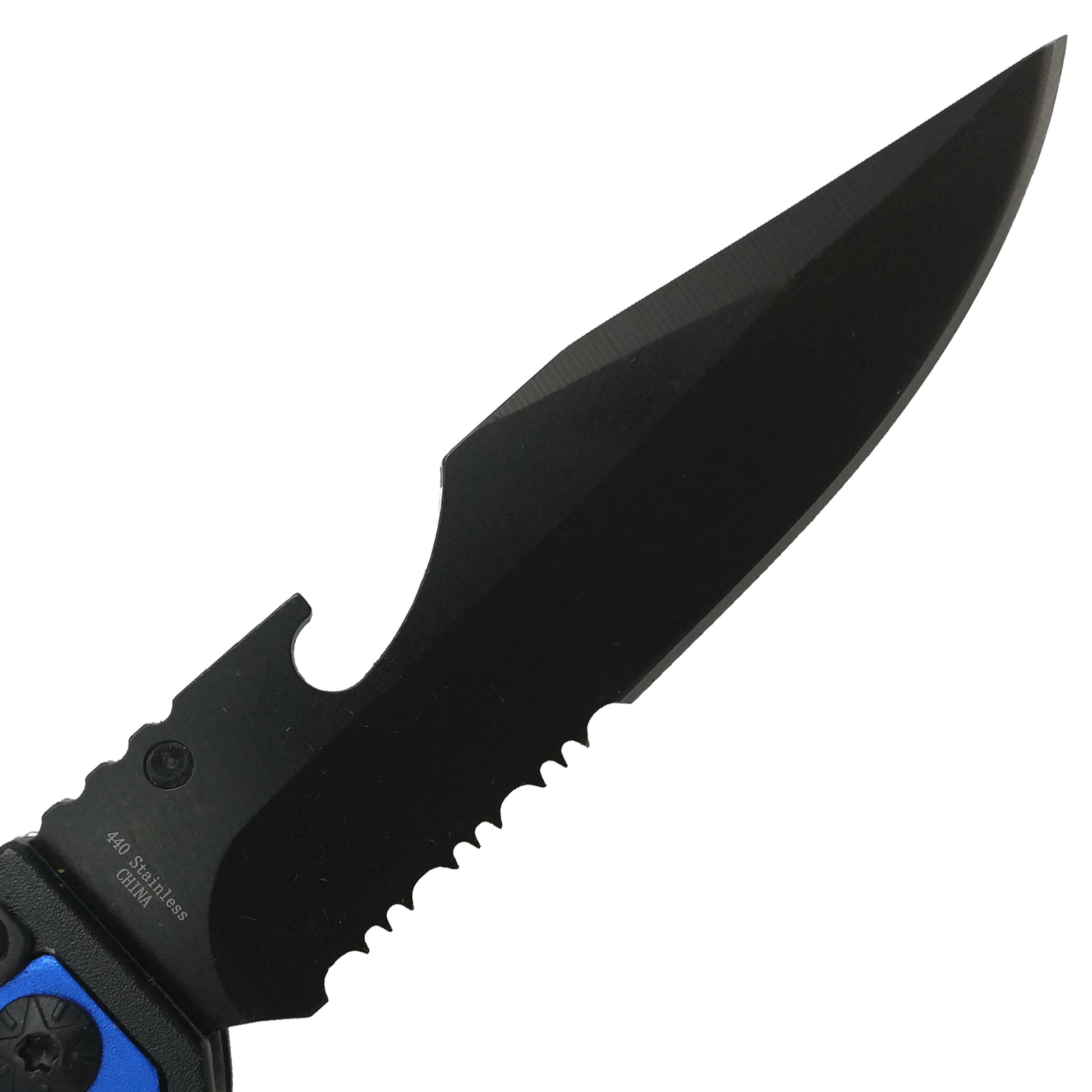 Close-up of Guild Arms multi-tool folding knife with LED light showing black serrated blade