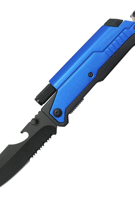 Guild Arms multi-tool folding knife with LED light and blue handle for versatile use