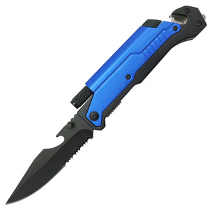 Guild Arms multi-tool folding knife with LED light and blue handle for versatile use