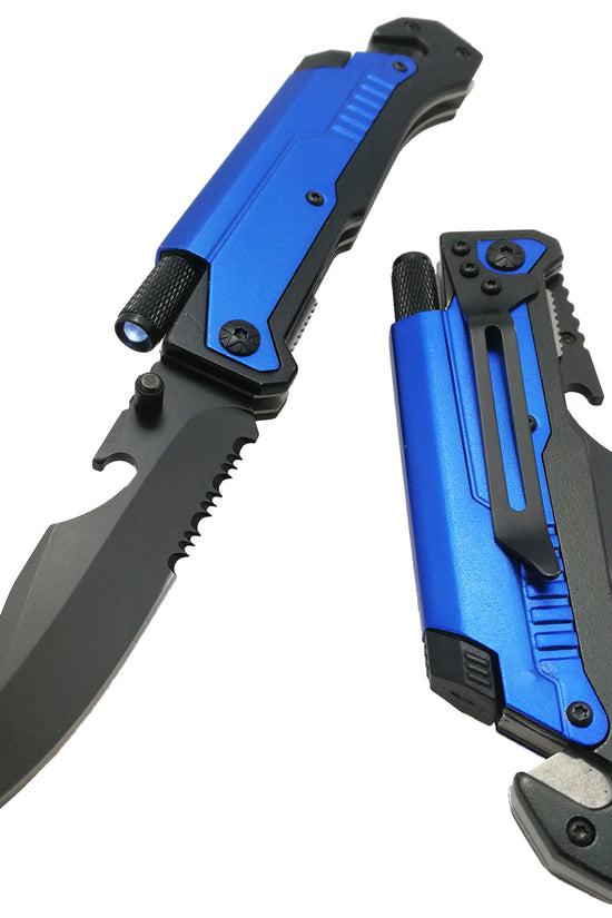 Guild Arms multi-tool folding knife with LED light in blue and black with partial serrated blade