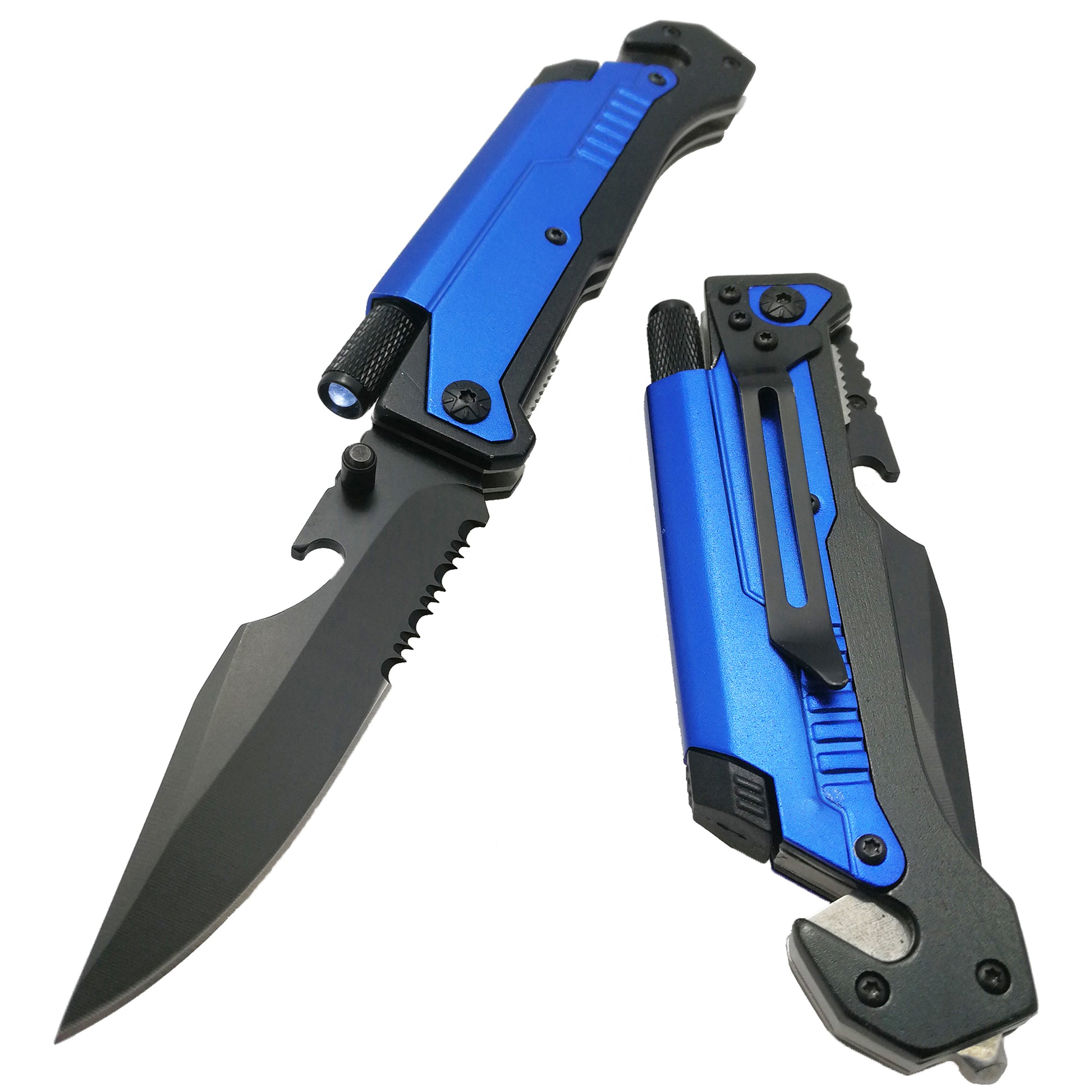 Guild Arms multi-tool folding knife with LED light in blue and black with partial serrated blade