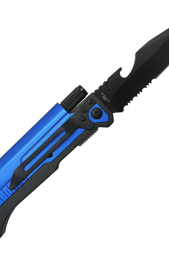 Guild Arms multi-tool folding knife with LED light featuring a black and blue partially serrated blade