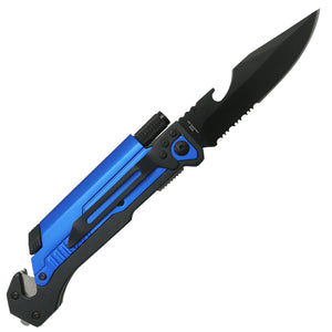 Guild Arms multi-tool folding knife with LED light featuring a black and blue partially serrated blade