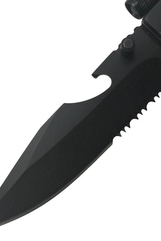 Guild Arms multi tool pocket knife for emergency EDC folding knife with flashlight featuring a serrated black blade