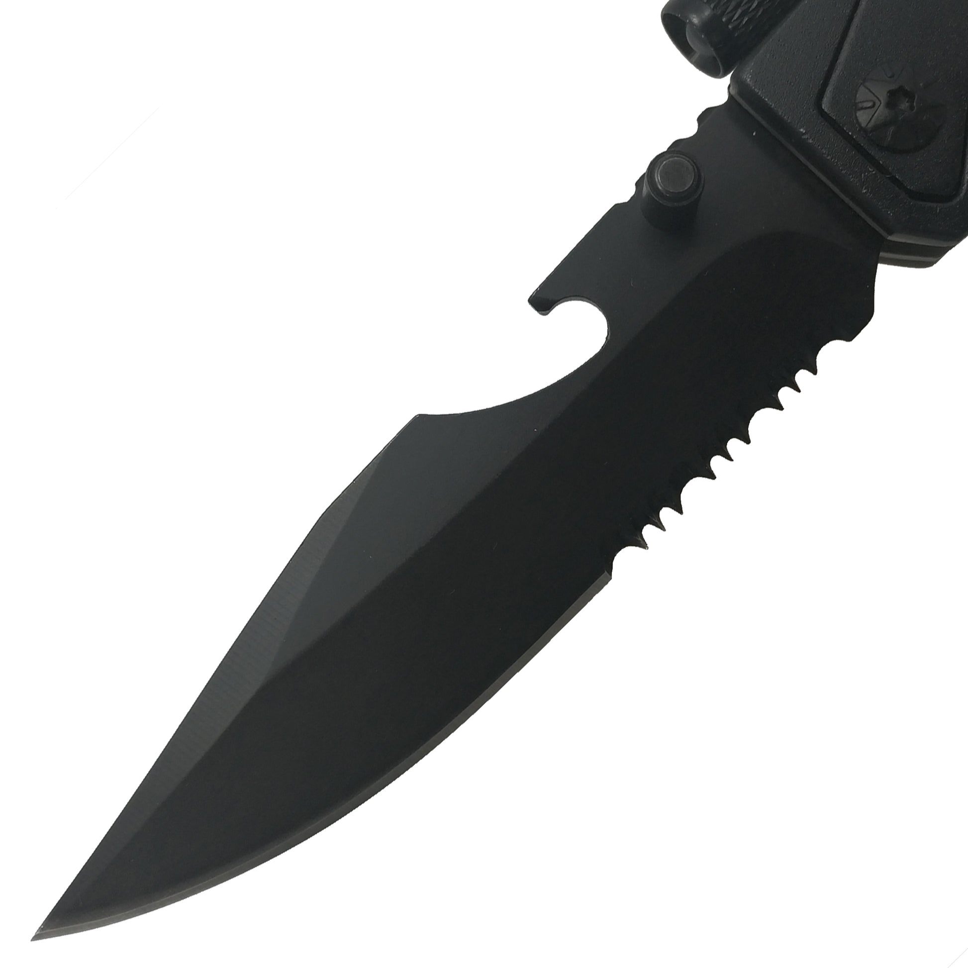 Guild Arms multi tool pocket knife for emergency EDC folding knife with flashlight featuring a serrated black blade