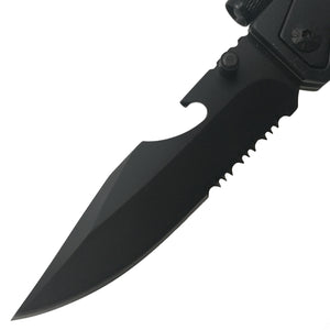 Guild Arms multi tool pocket knife for emergency EDC folding knife with flashlight featuring a serrated black blade