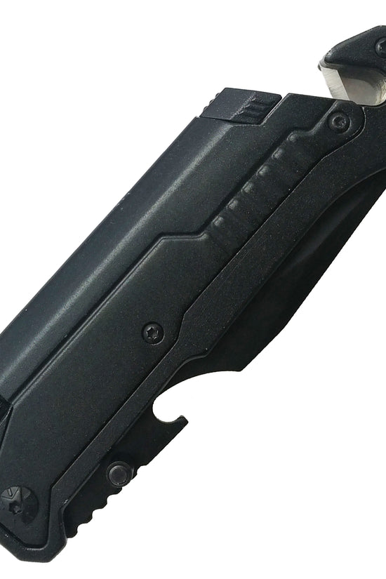 Guild Arms black multi tool pocket knife for emergency EDC folding knife with flashlight closed