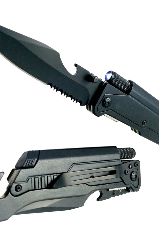 Guild Arms multi tool pocket knife for emergency EDC folding knife with flashlight in black with serrated edge