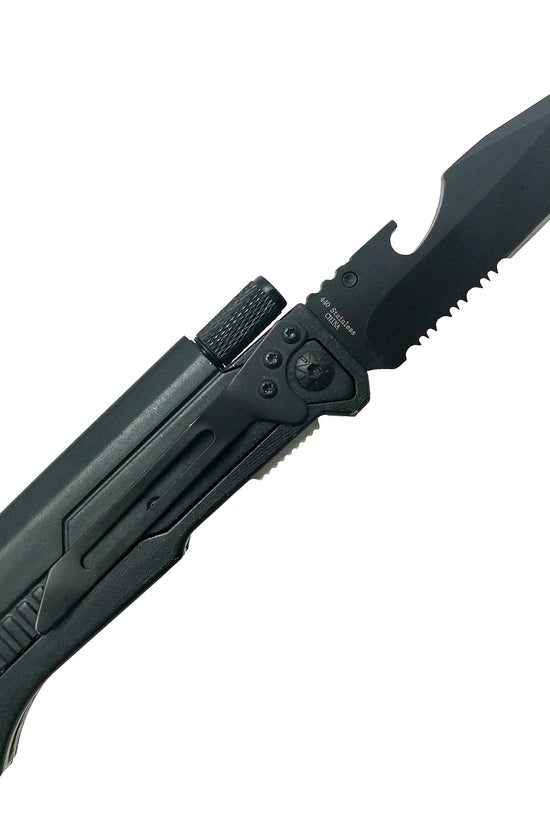 Guild Arms black multi tool pocket knife for emergency EDC folding knife with flashlight and serrated blade