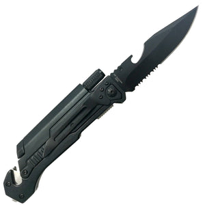 Guild Arms black multi tool pocket knife for emergency EDC folding knife with flashlight and serrated blade