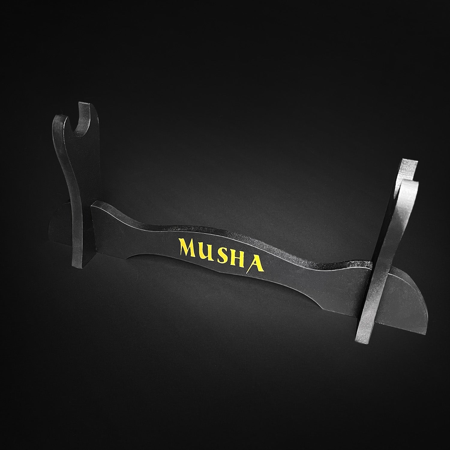 Musha Single Sword Display Stand in Black with Gold Lettering for Showcasing Swords