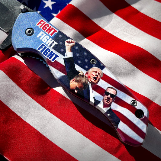 Patriotic Trump pocket knife for sale by Guild Arms with fight slogan and American flag design
