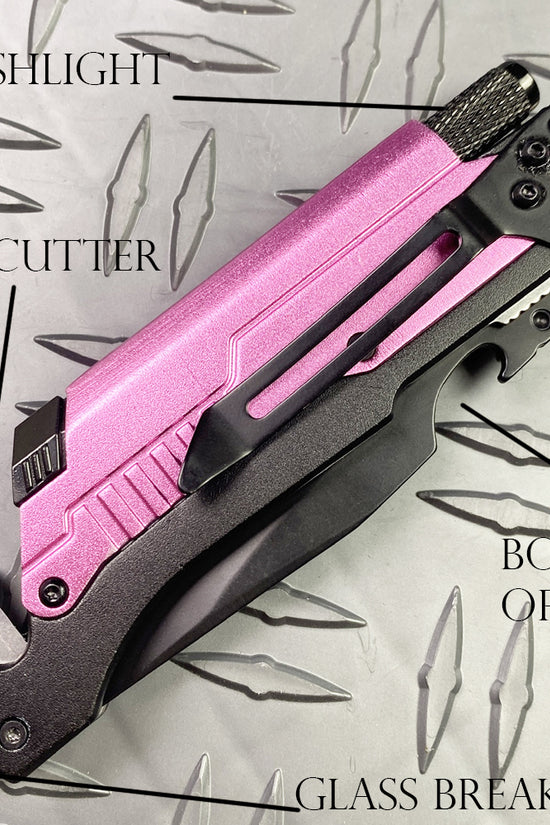 Pink Multi-Tool Folding Knife with Flashlight survival knife by Guild Arms featuring belt cutter, bottle opener, glass breaker