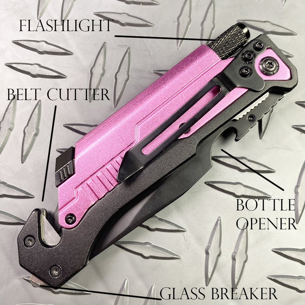 Pink Multi-Tool Folding Knife with Flashlight survival knife by Guild Arms featuring belt cutter, bottle opener, glass breaker