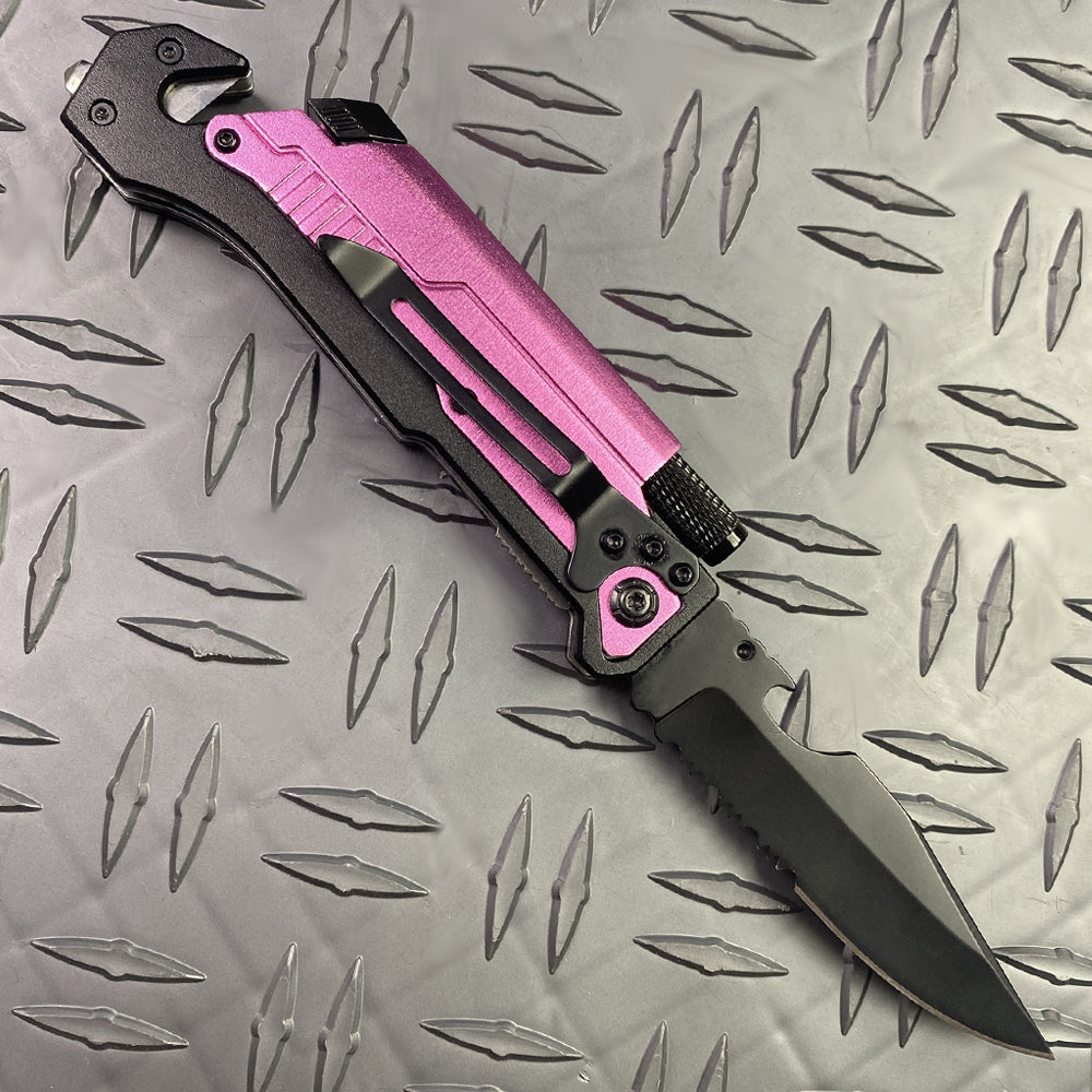 Pink Multi-Tool Folding Knife with Flashlight survival knife with fire starter and serrated blade on metal surface