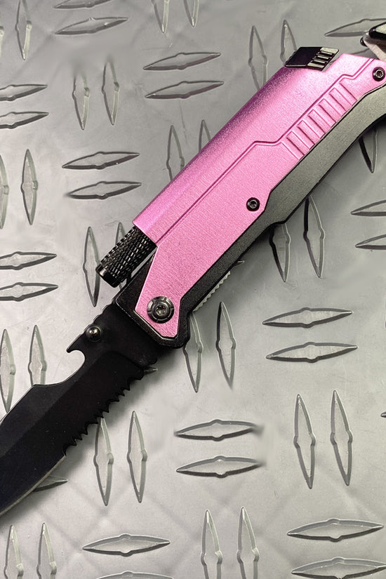 Pink Multi-Tool Folding Knife with Flashlight Survival Knife with Fire Starter and serrated black blade by Guild Arms