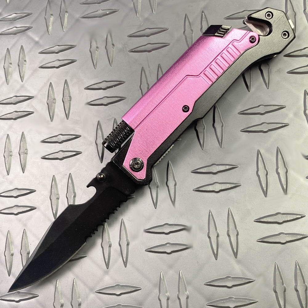 Pink Multi-Tool Folding Knife with Flashlight Survival Knife with Fire Starter and serrated black blade by Guild Arms