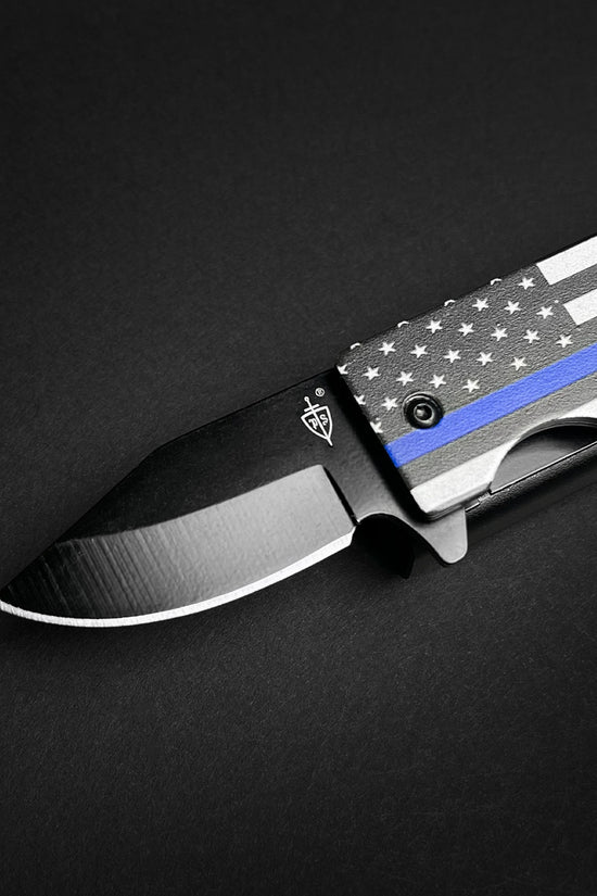 Guild Arms Police Flag Lighter Case Pocket Knife with Black Blade and Blue Line Design
