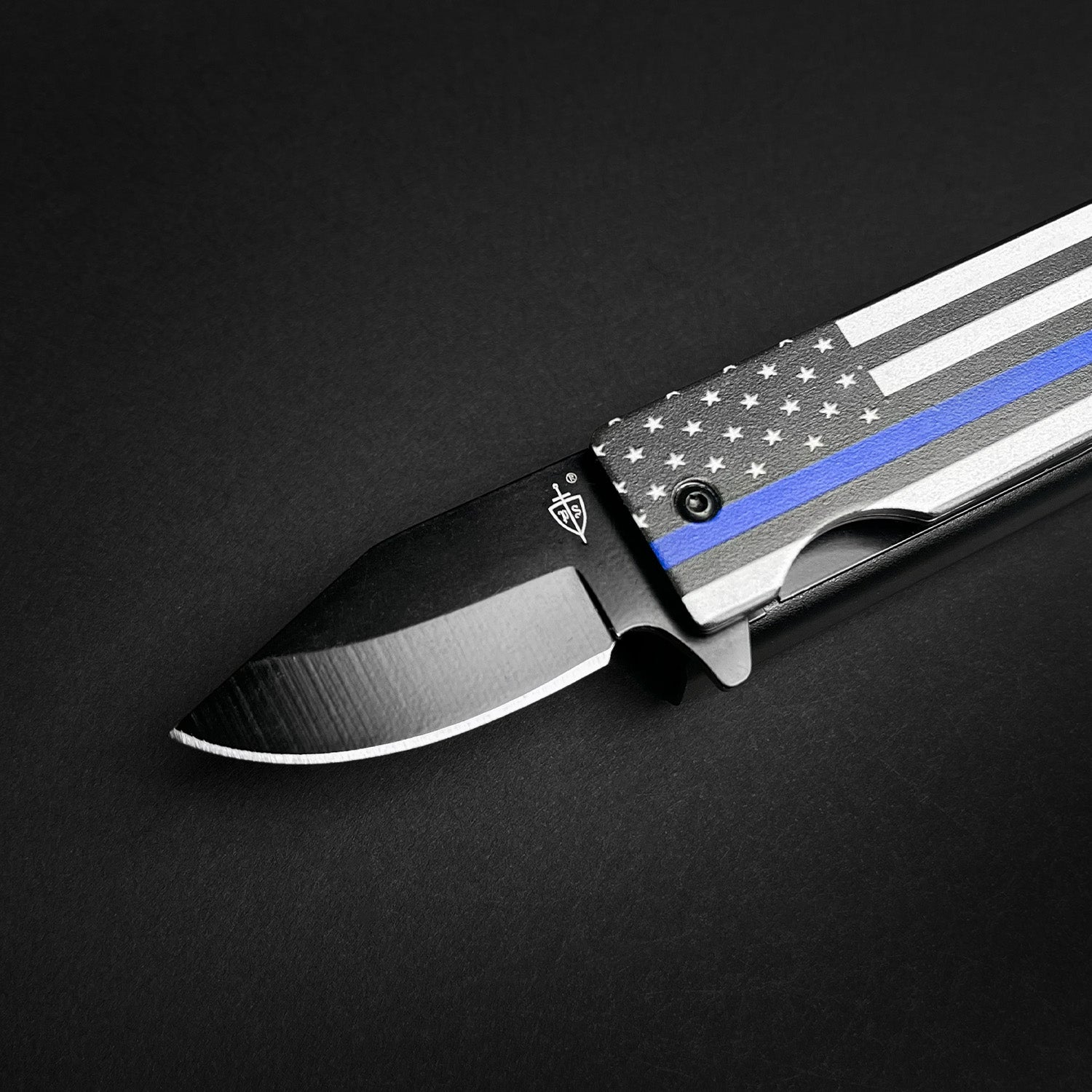 Guild Arms Police Flag Lighter Case Pocket Knife with Black Blade and Blue Line Design