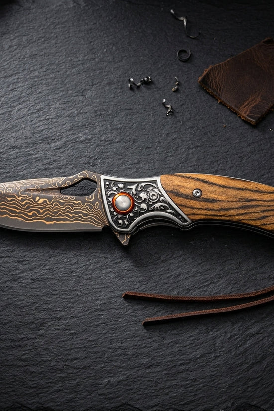Sigma Acid Wood Damascus Ball Bearing Flipper Knife
