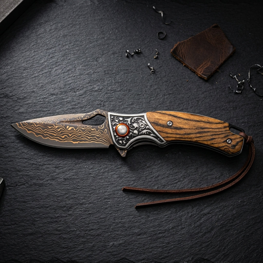 Sigma Acid Wood Damascus Ball Bearing Flipper Knife